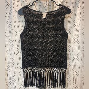 Vintage Cache Black crochet fringe top with sequins